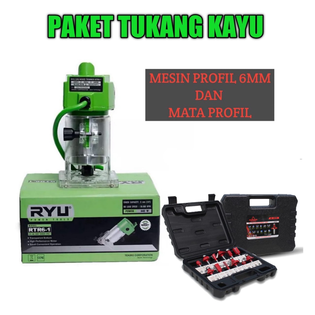 HEMAT DAN MURAH !!! PAKET TUKANG KAYU BERKUALITAS RYU Mesin Profil Router Trimmer Kayu ukir 6mm dan RYU Mata Profil Set 12pcs Trimmer Router Bits Set 1/4” alat pertukangan ukir kayu MURAH AWET!!!