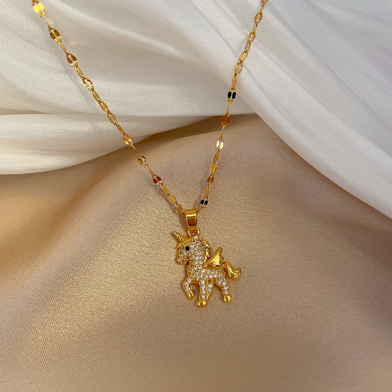 Kalung Liontin Unicorn Bahan Stainless Steel Lapis Emas 18K Hias Cubic Zirconia Untuk Wanita