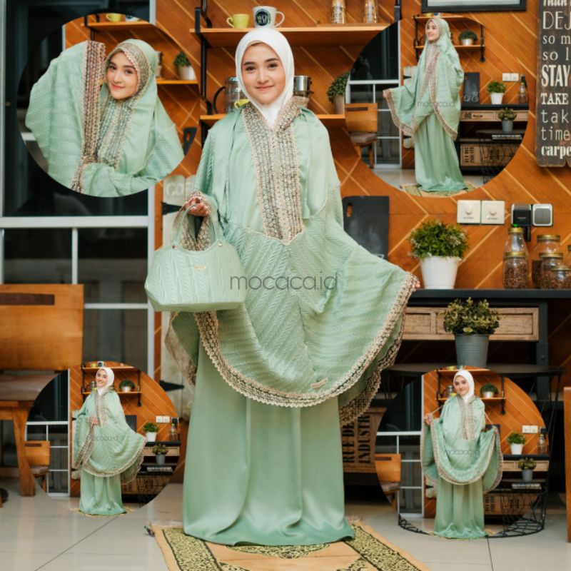 mukena 2 in 1 dewasa mewah premium edition  hijau semen muda elegan sage velvet anti kusut  bisa cod gosend bandungfree tas cantik jumbo