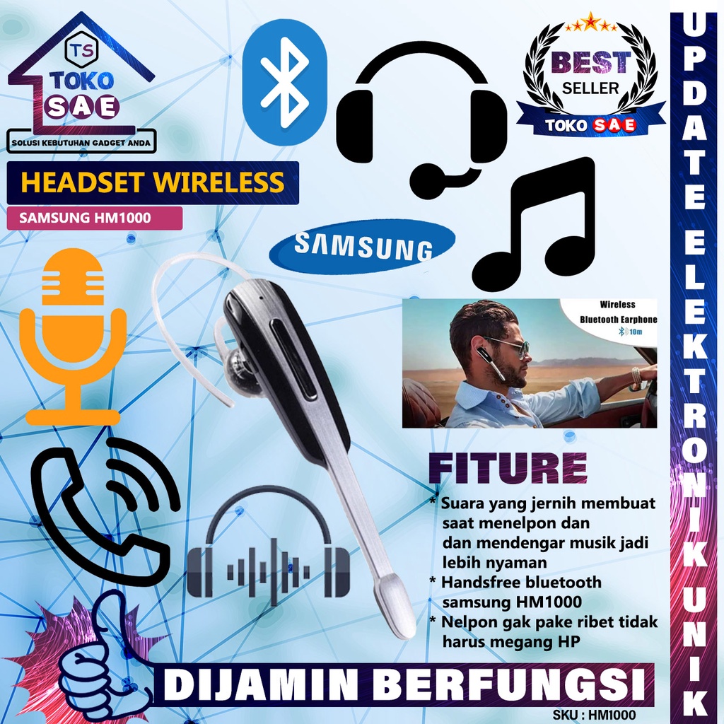 Headset Bluetooth Wireless Samsung HM1000 Earphone Handsfree Stereo Headset HM 1000 Samsung Original