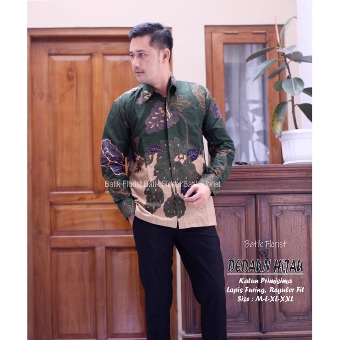 Batik pria lengan panjang  HIJAU modern ORIGINAL BAJU PREMIUM KEKINIAN SOLO MURAH TERBARU Hijau Botol Ori FLORIST