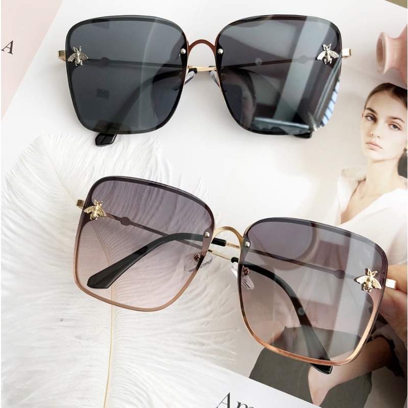 (YUZHU) Mode Barat Oversized Square Frame Polarized Gradient Sunglasses Vintage Fashion Logam Tanpa Bingkai Kacamata Wanita