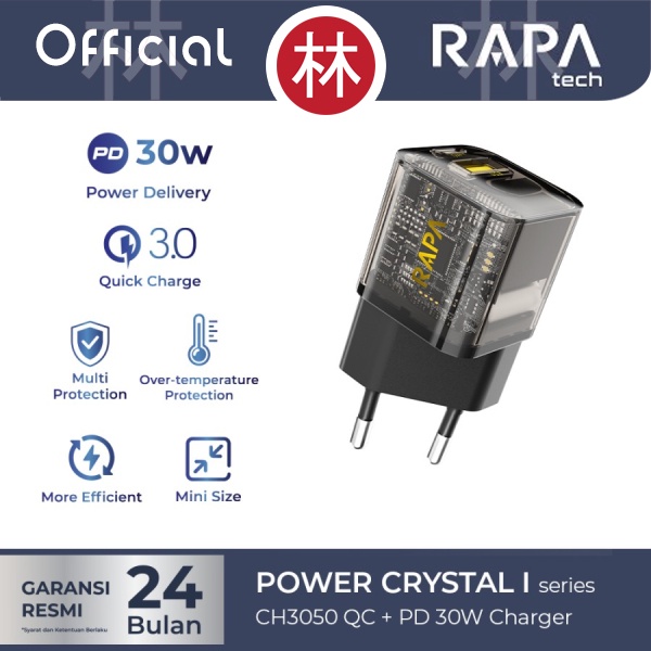 RAPAtech CH3050 - POWER CRYSTAL I - QC + PD30W Charger Mini 2 Port 30W