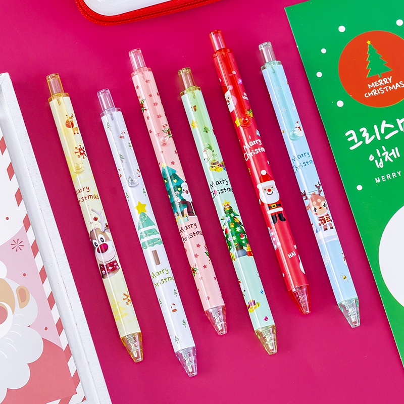 Pulpen Gel Hitam Model Tekan Motif Kartun Natal Untuk Dekorasi / Stationery Pelajar