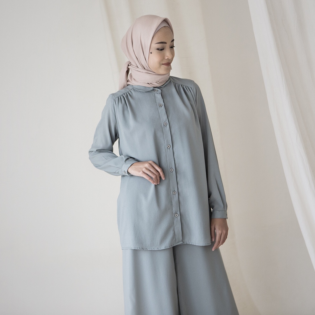 Anya by Aska Label - Kemeja wanita kantor bahan crepe premium full kancing depan busui friendly warna coklat tua, biru dusty, hijau mint, dusty pink, putih