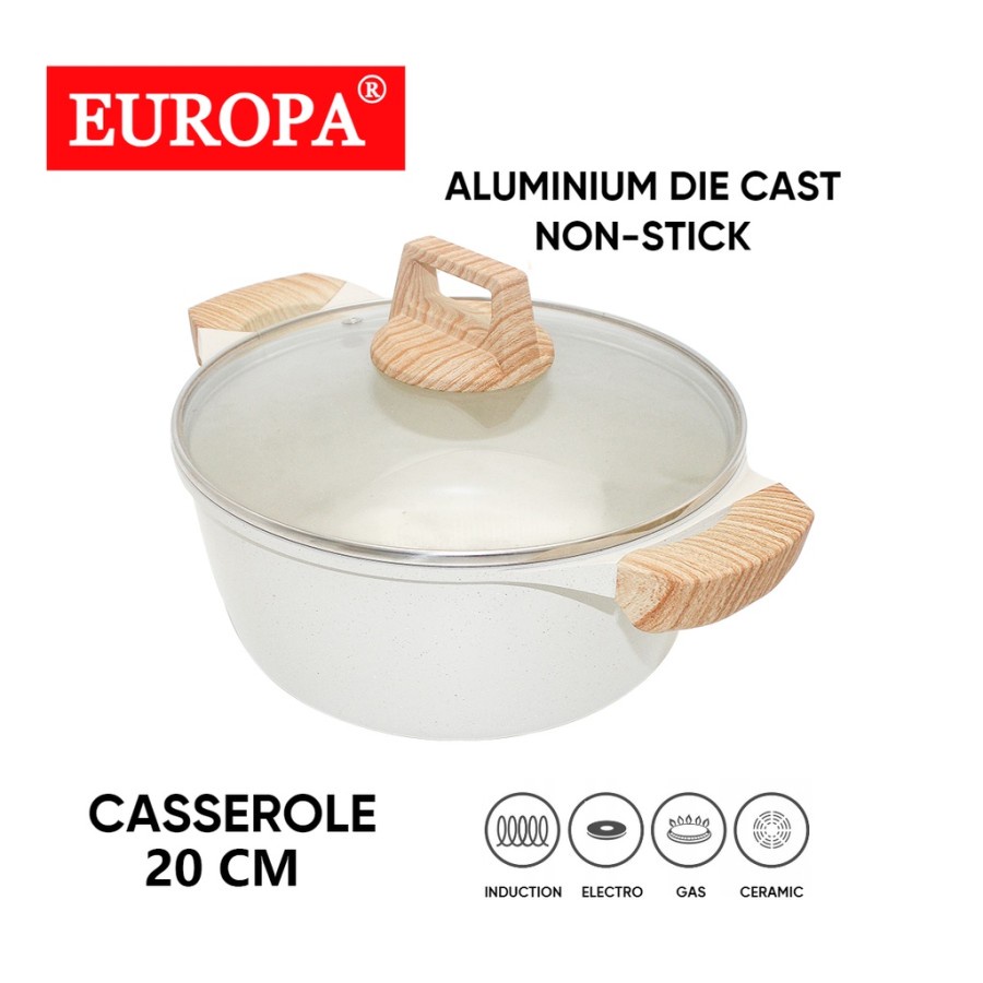 EUROPA Soup Pot Panci Anti Lengket Marble Coating 20cm + Handle kayu
