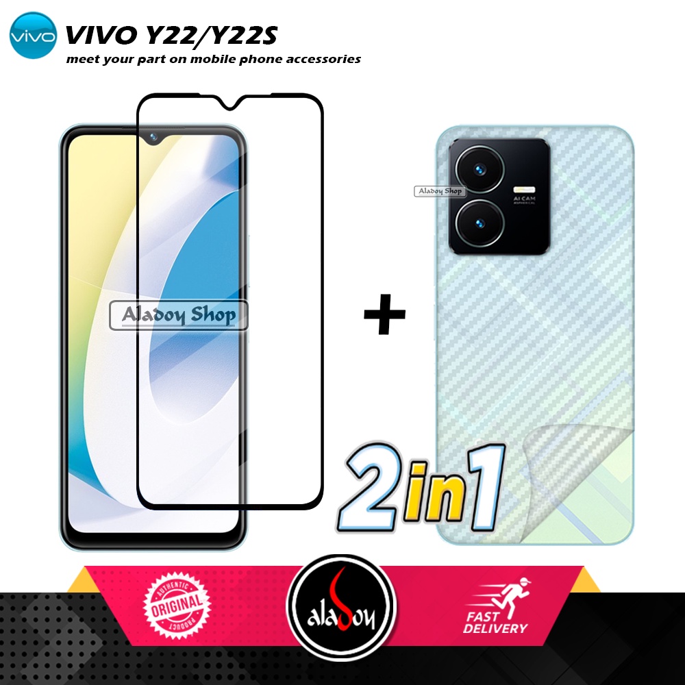 PAKET 2 IN 1 Tempered Glass Layar Vivo Y22/Y22S + Skin Carbon Film 3D