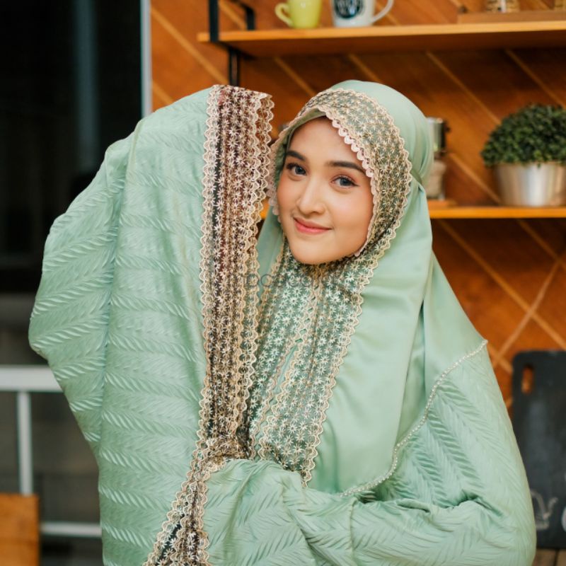 mukena 2 in 1 dewasa mewah premium edition  hijau semen muda elegan sage velvet anti kusut  bisa cod gosend bandungfree tas cantik jumbo