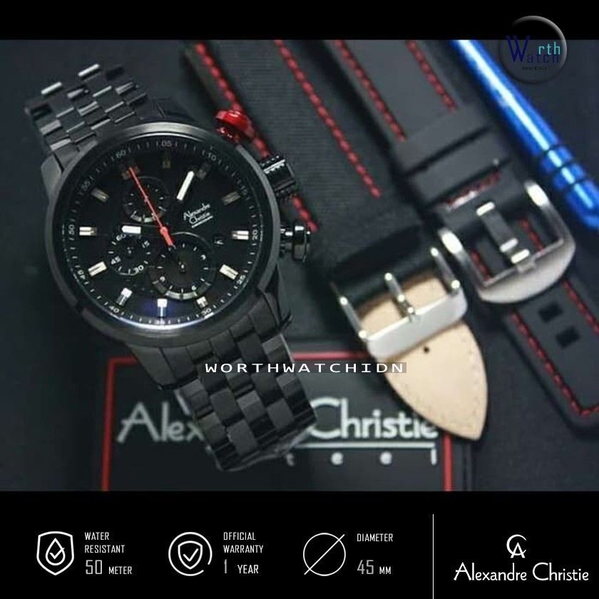 Jam Tangan Pria Terbaru Alexandre Christie AC-6163 Black Stainless Steel Original + Free 2 Strap