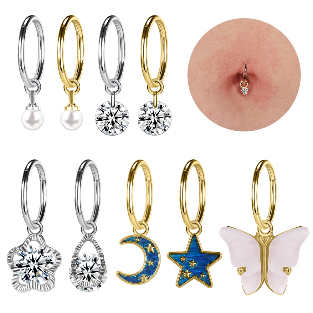 1 PC Anting Tindik Pusar / Hidung Model Lingkaran Menjuntai Aksen Kristal Bahan Stainless Steel