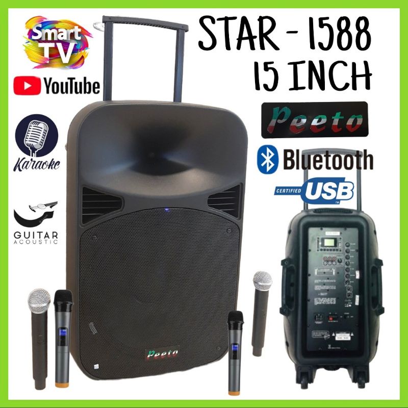 Speaker Portable PEETO 15 INCH Star-1588 Karaoke Youtube 4 Mic Wirelesss