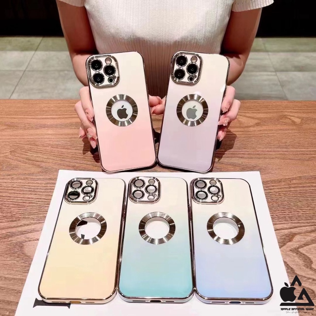 Premium Softcase Candy Gradasi Chrome LOGO BULAT iPhone 13 PRO MAX 12 PRO MAX 11 PRO MAX XR X XS MAX 7 7+ 8 8+ SE 2 3 With Lens Lensa Glass Camera Protector Soft Case Logo Apple List Krom Gold Electroplated Pelindung Kamera Silikon Jelly Clear Cover Bukan