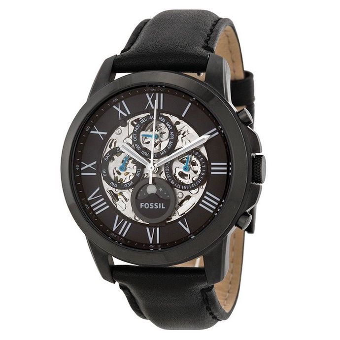 Jam Tangan Pria Otomatis Mewah ME-3028 Sun & Moon Automatic Skeleton Dial Black Leather Strap Origin