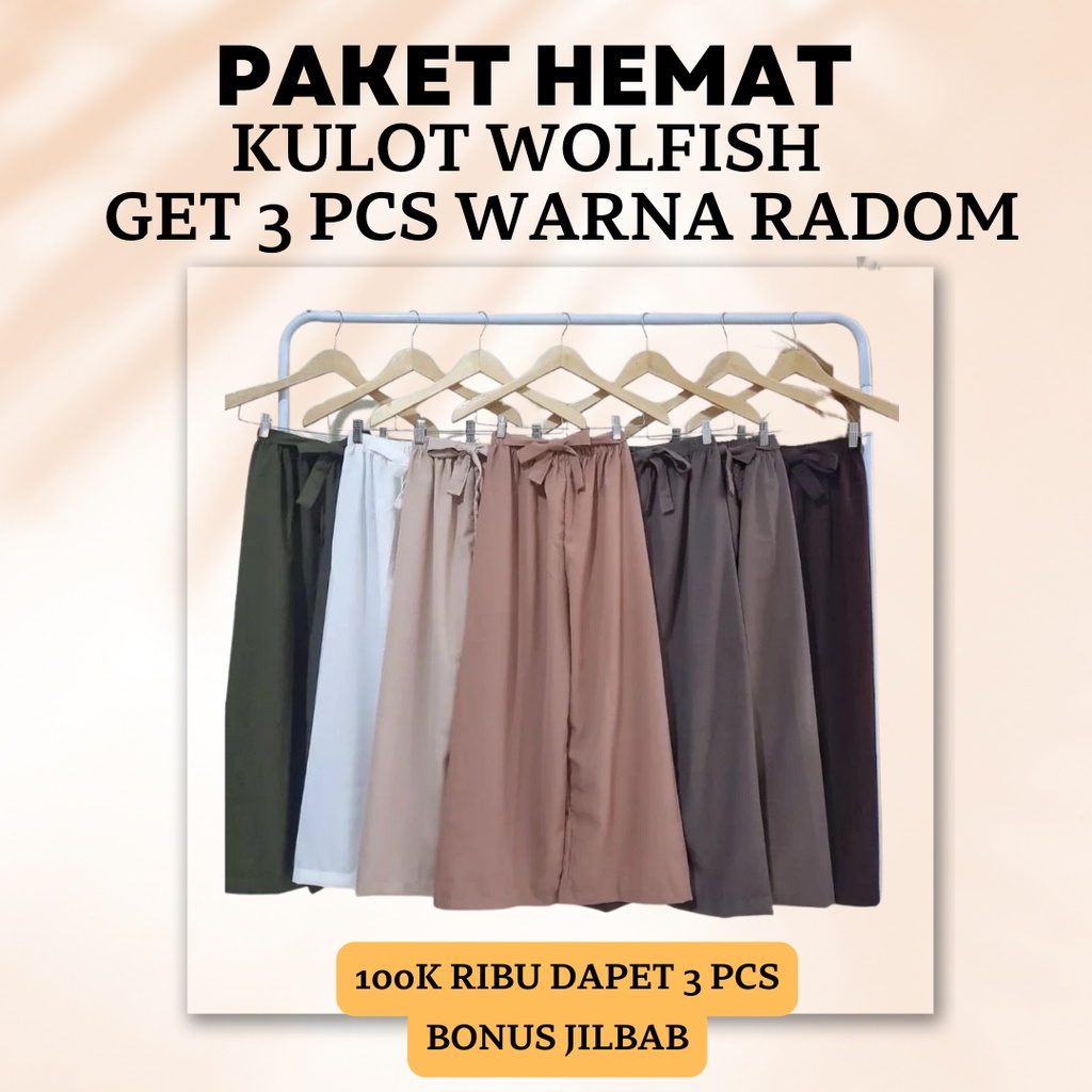 PAKET HEMAT KULOT WOLFISH RIBBON PANTS 1OORB GET 3PCS + FREE JILBAB