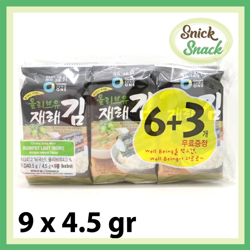 

Chung Jung One Rumput Laut Jumbo Pack 9 x 4.5gr Seaweed Laver with Olive Oil