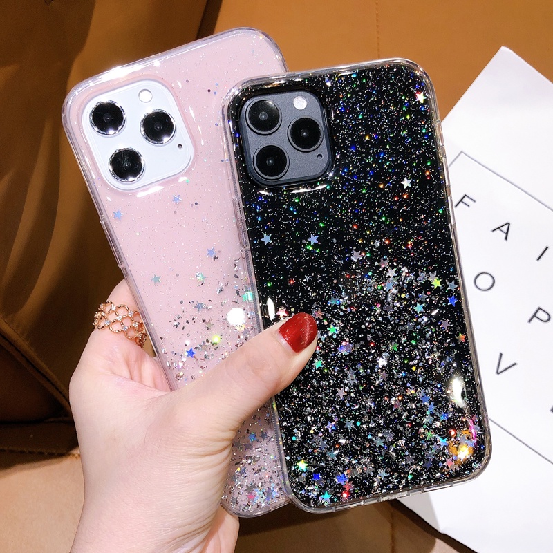 Soft Case Transparan Motif Glitter Untuk iPhone 11 12 13 14 Pro Max XR XS 7 8 Plus