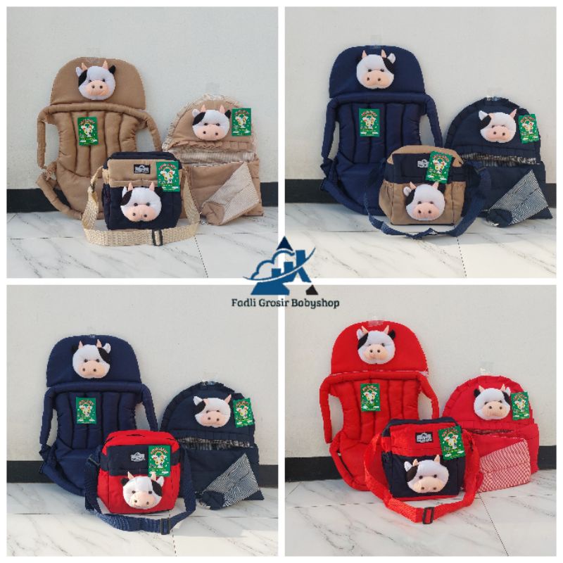 Paket Hemat (3 in 1) Tas Bayi Boneka Sapi Gendongan Bayi Samping Boneka Sapi Dan Gendongan Depan Boneka Sapi