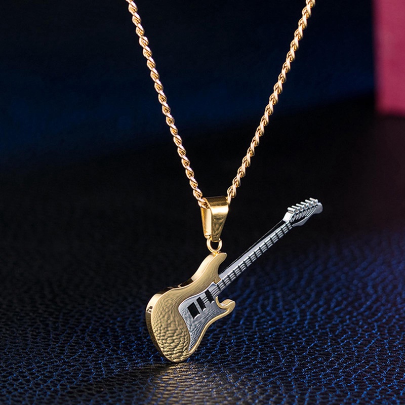 Kalung Rantai Liontin Gitar Musik Rock Warna Emas Hitam Silver Bahan Titanium Steel Untuk Pria Dan Wanita