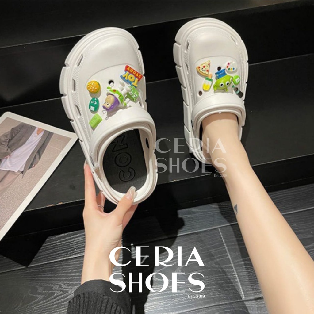 EVA Sandal Slop Clog Wanita 3D Toy Story Jibbitz Bangkok Import Spons Rubber Tebal Tinggi Karet Ringan Super Empuk Anti Slip Wedges Slides include Summer Sandals