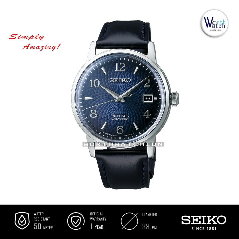 Jam Tangan Pria Otomatis Seiko Presage Automatic Manhattan Blue Dial Blue Leather Strap SRPE-43-J1
