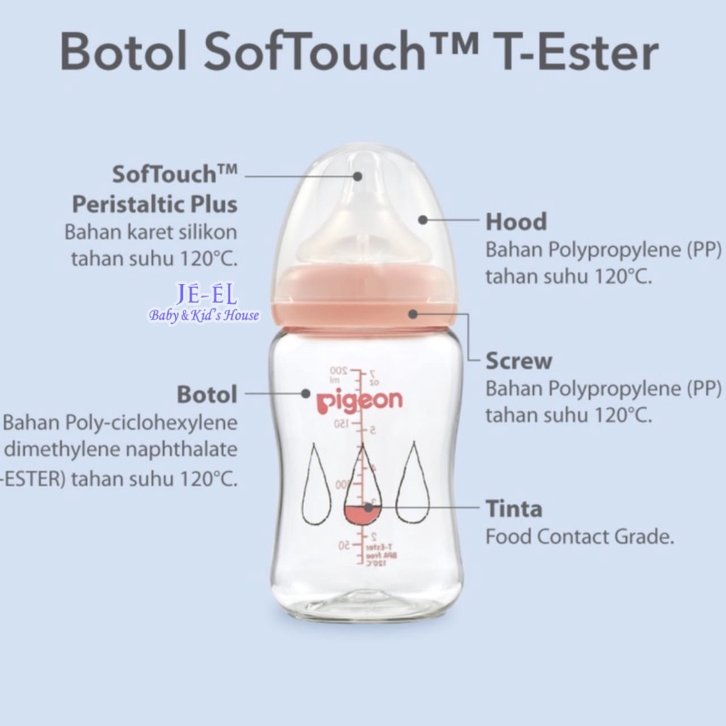 Pigeon Botol Soft Touch T-Ester Wide Neck P-Plus Nipple 200ml/300ml/ Botol Susu Anak