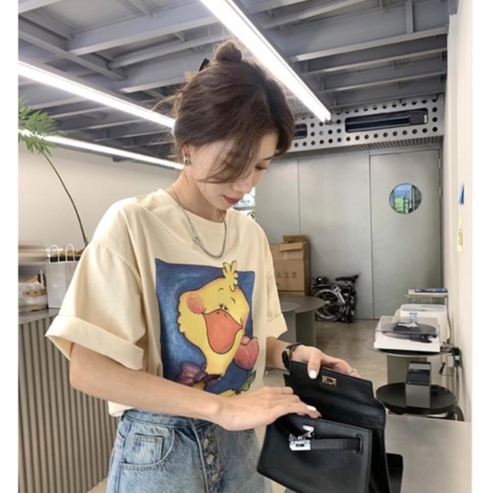 baju kaos wanita duck cartoon graphic printing t shirt korean style baju atasan wanita oversize casual kaos