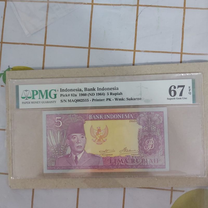 Uang Lima 5 Rupiah Soekarno Tahun 1960(ND 1964) PMG 67 EPQ