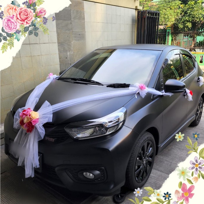 Dekorasi Kap Mobil Pengantin Pernikahan Car Tile Karangan Bunga Murah - Putih/Pink, 1 Warna Kain