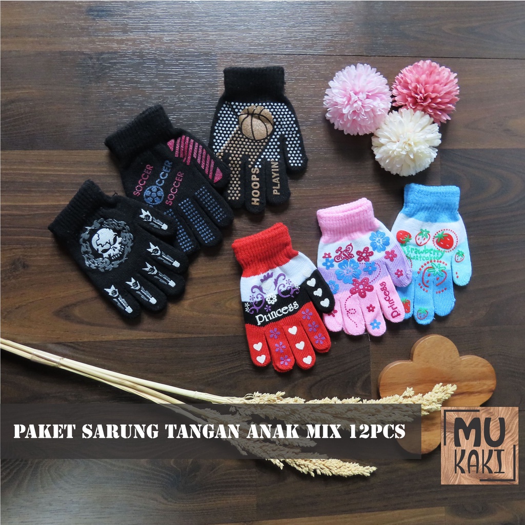 Paket Sarung Tangan Anak Laki-laki &amp; Perempuan (USIA 2 - 7 Thn)  Mix 12pcs Mukaki