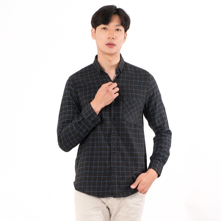 SANVANINA Kemeja Flanel Panjang Pria Distro Slim Fit Hitam Kotak Kotak | Flannel Checked Black Tosca - E-8007