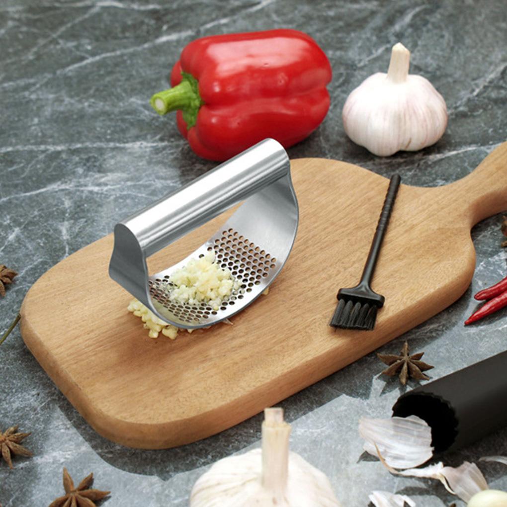 Stainless Manual Garlic Press Crusher Squeezer Curved Masher Multi-Fungsi Gadget Dapur