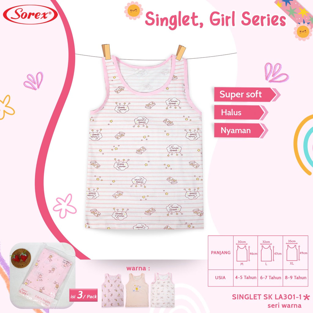 3 Singlet Anak Perempuan - SOREX - Seri Warna - Kaos Dalam