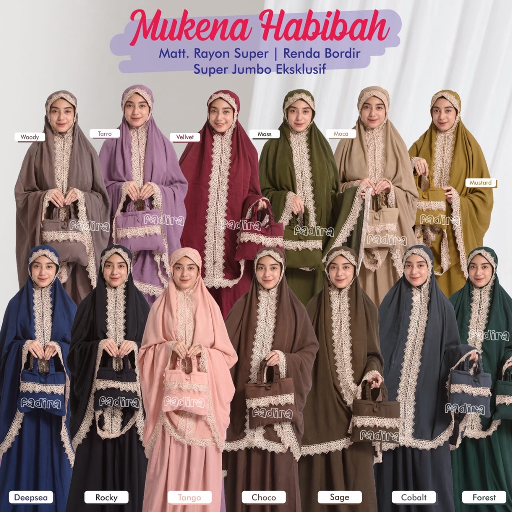 Mukena Habibah / Rukuh Rayon Putih Polos / Telekung Polos Renda / Mukena Dewasa Polos by Fadira