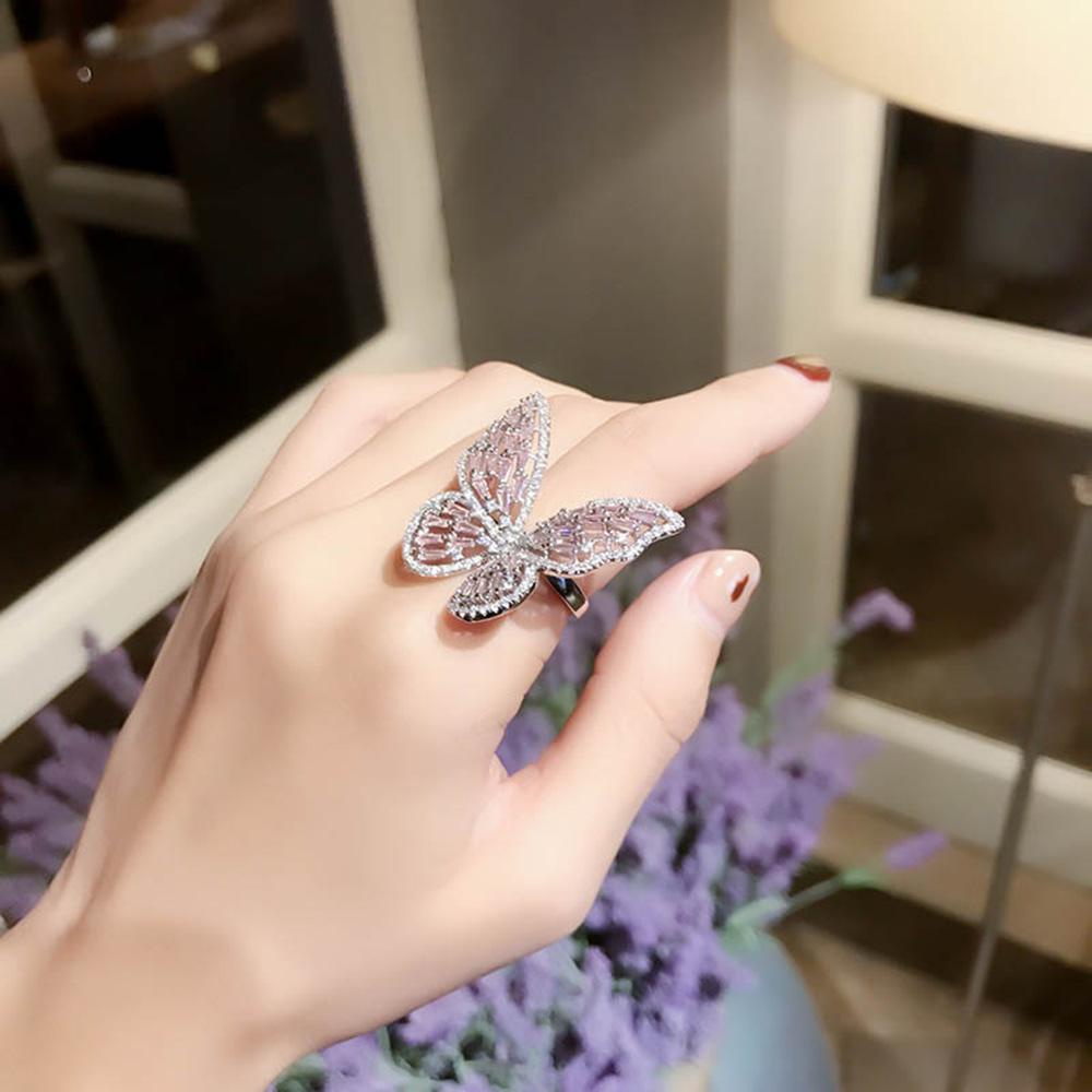 Needway Cincin Elegan Mengkilap Pernikahan Hadiah Pesta Untuk Wanita Kupu-Kupu Cubic Zirconia Fashion Perhiasan Yang Dapat Disesuaikan