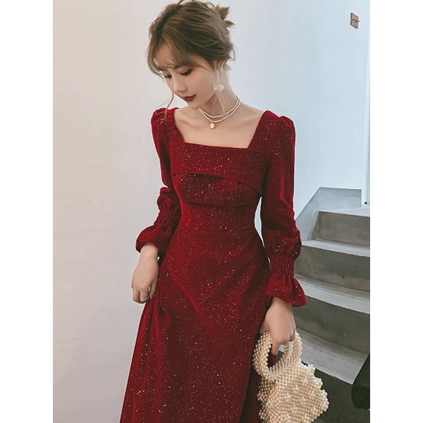 Long Dress Red Velvet Blink Square Neck M222