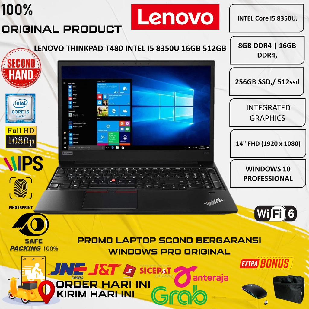 LAPTOP MURAH LENOVO THINKPAD T480 INTEL I5 8350U 16GB 512GB  FHD WIN10PRO TERLARIS