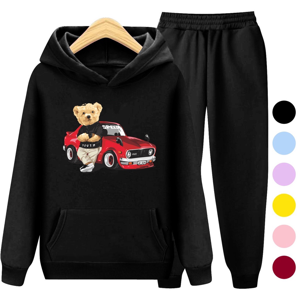 Setelan Sweater Anak + Celana TEDDY CAR / Set Sweater Hoodie Anak Laki - Laki Remaja Kekinian Terbaru
