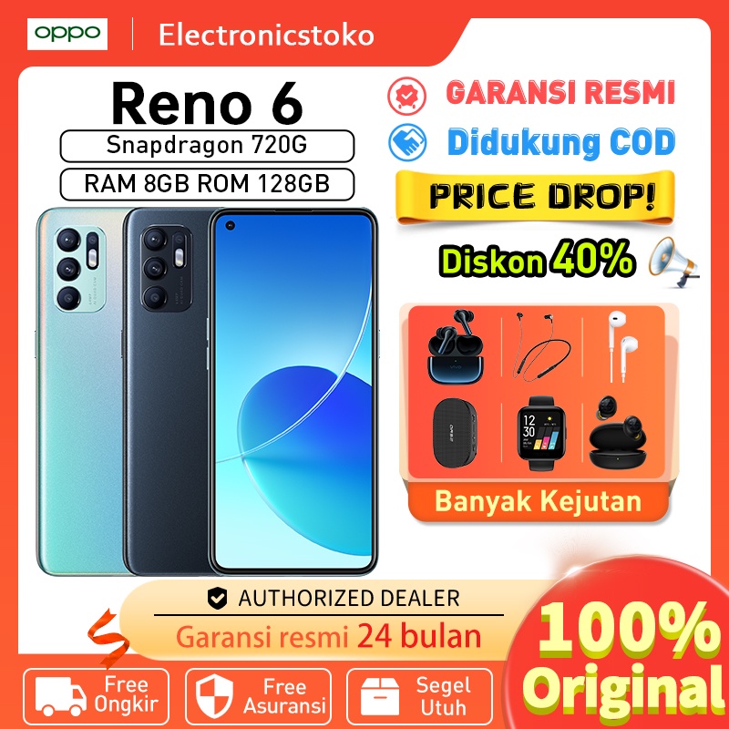 [hp Oppo terbaru 2022 promo murah] OPPO Reno 6 4G RAM 8GB ROM 128GB Ultra-slim Body Oppo reno 6 Mult