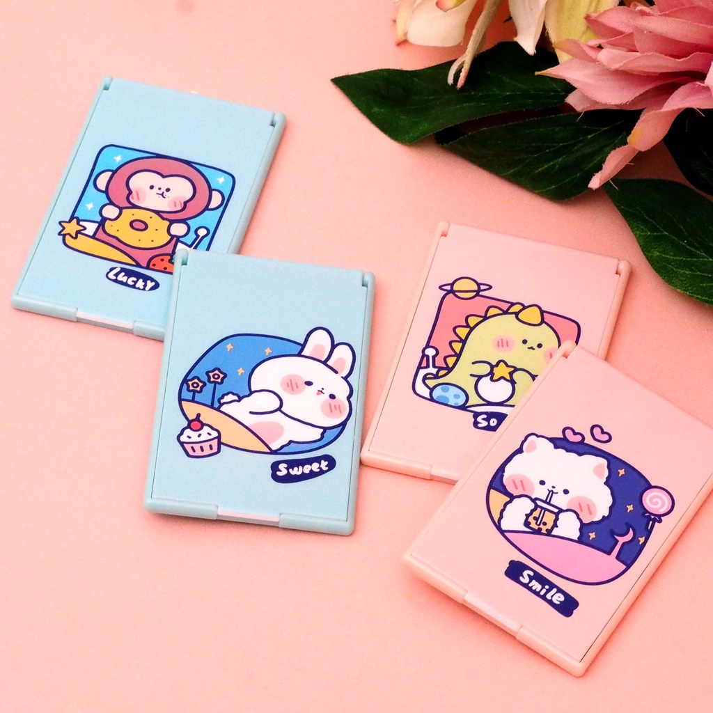 Cermin Lipat Kotak  Motif Animals Planet Cute Kaca Lipat Make Up Cermin Saku Portable Travel Persegi Panjang