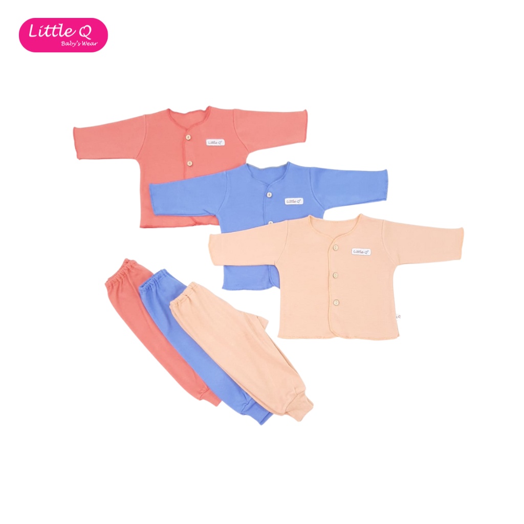 [Size NB] Little Q Setelan Polos Panjang Kancing Tengah Celana Panjang Rib Isi 3pcs