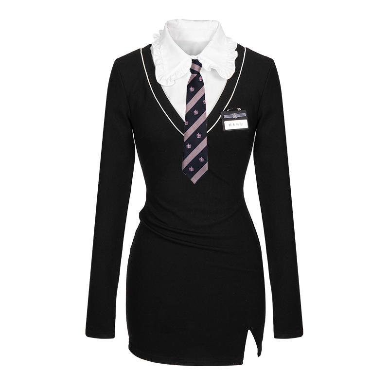 [✅BISA COD] #Sisjuly# Seragam preppy wanita palsu dua potong lengan panjang rajutan ramping gaun rajutan musim g