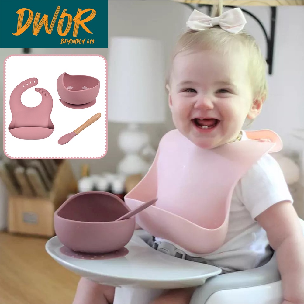 Dwor 3 Buah Set Peralatan Makan Bayi silikon Bib Mangkok Sendok Piring Food Grade