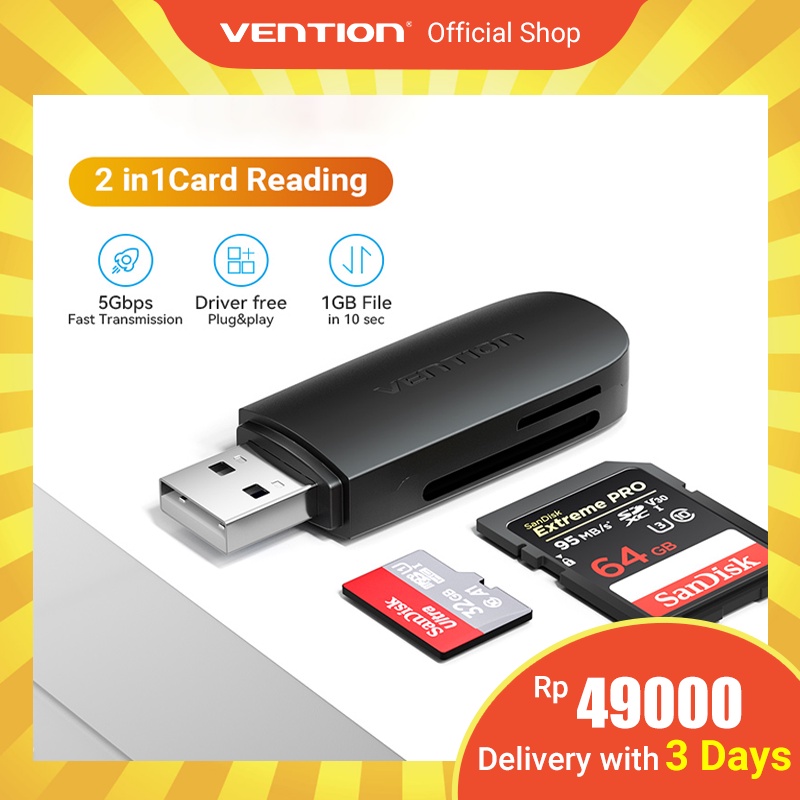 Vention Card Reader 2-in-1 SD + TF Card Usb 2.0 A + Kartu SD + TF