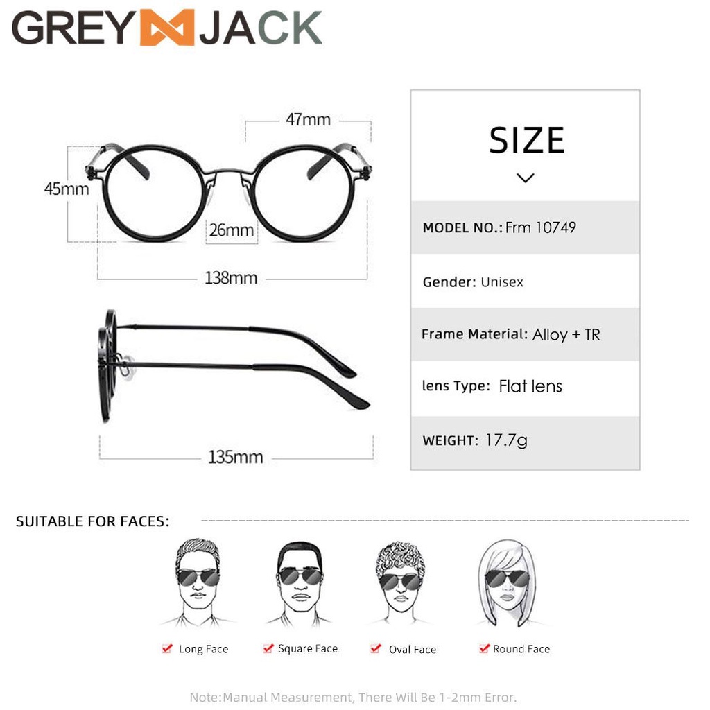 Grey Jack Kacamata Antiradiasi blueray Model Bulat Keren Alloy+Tr90 Acetate Bisa Minus Antiradiasi Blueray Photocromic Bluecromic Bantalan hidung silikon Fashion pria dan wanita 10749 31856