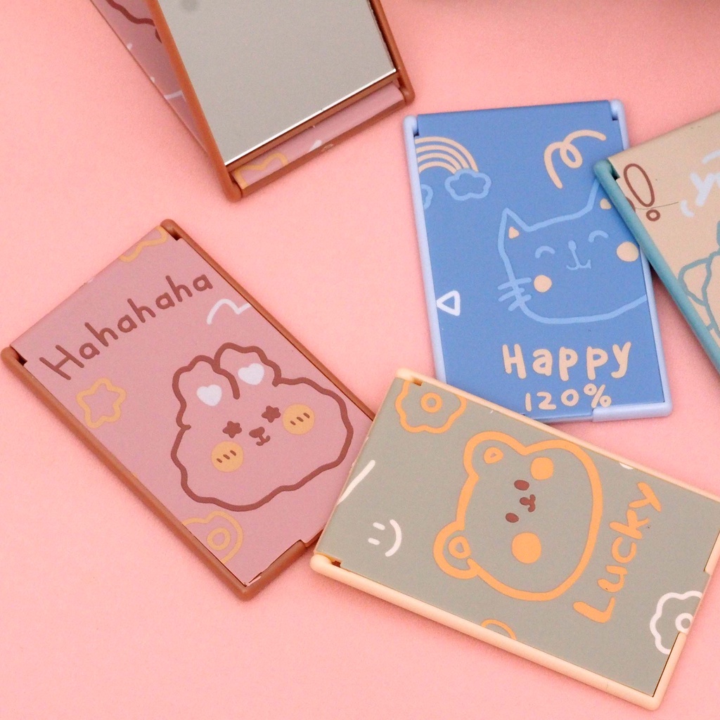 Cermin Lipat Kotak Saku Portable Motif Cartoon Animals Lucu Kaca Lipat Make Up Travel Persegi Panjang