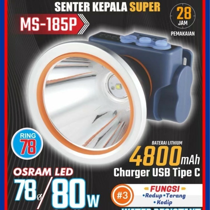 Barangunik2021 -Senter Kepala 80 Watt Mitsuyama MS-185 Headlamp Cahaya Putih Anti Air