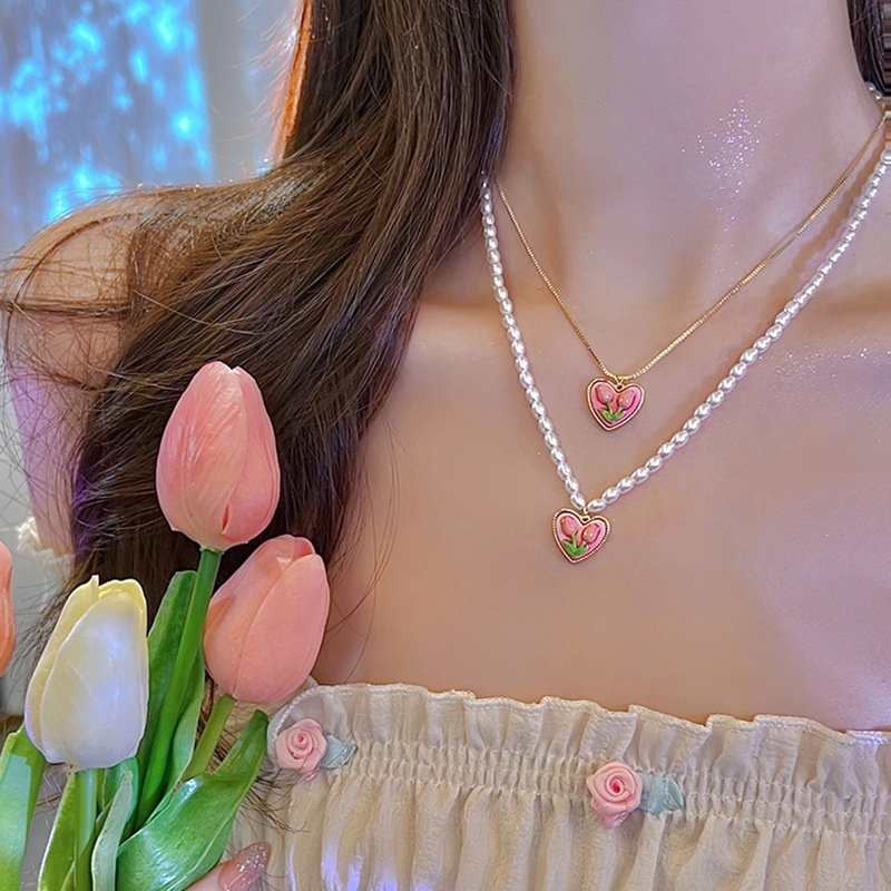 Kalung Rantai Choker Hias Liontin Sayap Malaikat Tulip Hati Kupu-Kupu Kristal Mutiara Untuk Wanita Butterfly