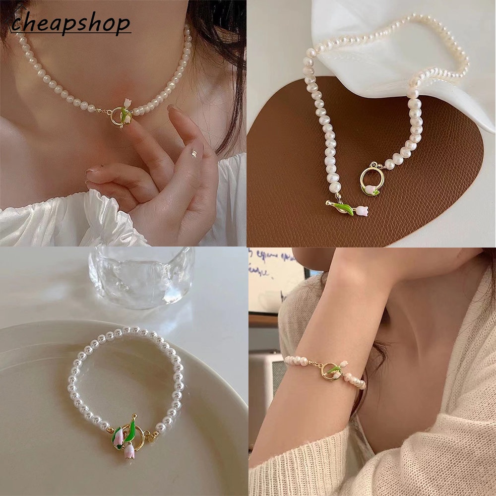 IFYOU Kalung Rantai Choker Liontin Bunga Tulip Hias Mutiara Gaya Vintage Untuk Wanita