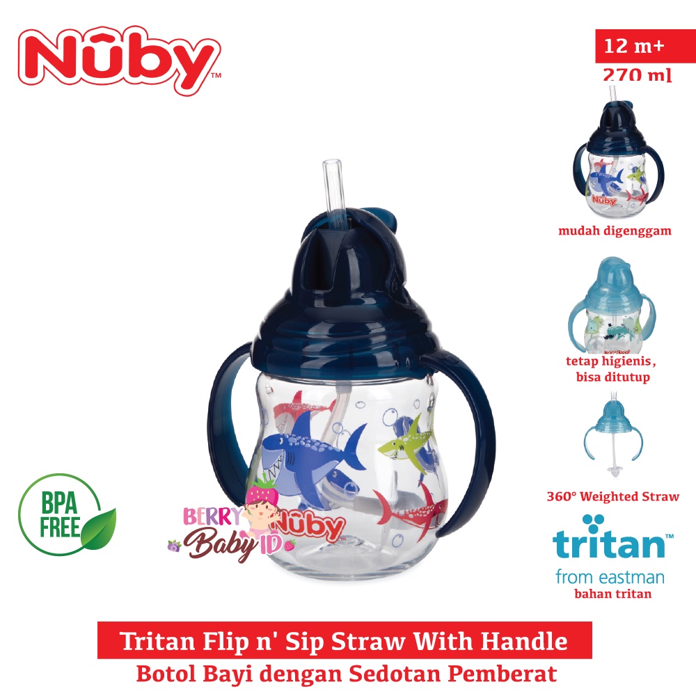 Nuby Tritan Flip n' Sip Straw Training Cup Botol Minum Sedotan Bayi Berry Mart