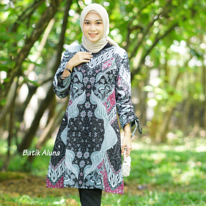 Baju Wanita Blouse Batik Tunik Katun Premium Adhem Cocok Untuk Kerja Batik Aluna TBA 104